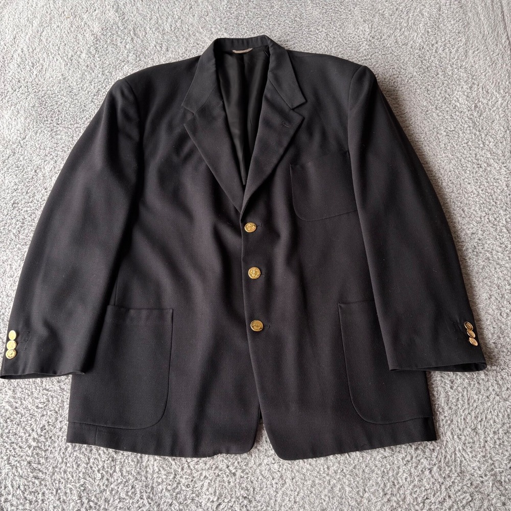 Allyn Saint George Blazer Mens 46L Black 3 Gold‎ Button Wool Blend USA Vintage